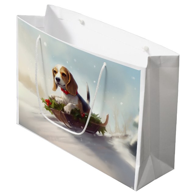 Grand Sac Cadeau hiver de neige de Noël beagle (Devant Angle)