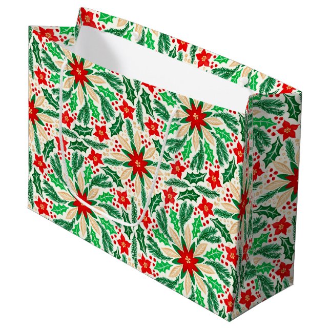 Grand Sac Cadeau Holly et Poinsettia Motif de vacances botaniques (Devant Angle)