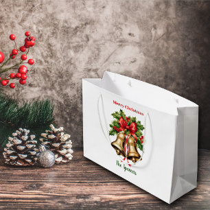 Grand Sac Cadeau Holly Feuilles & Berries Gold Bells Joyeux Noël
