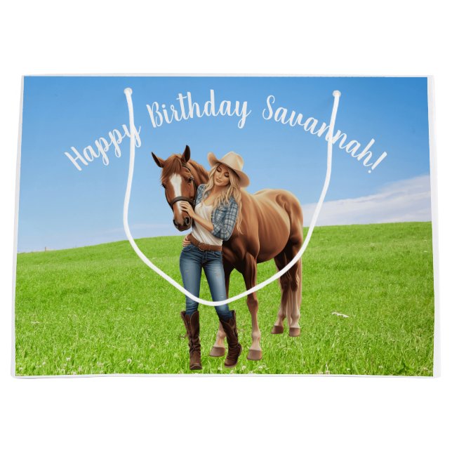 Grand Sac Cadeau Horse Girl Anniversaire Célébration Message spécia (Devant)