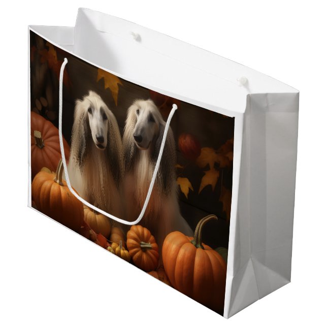 Grand Sac Cadeau hound afghan Chiot Automne Citrouille de plaisir (Devant Angle)
