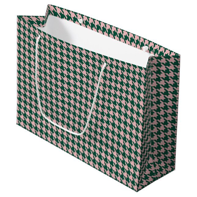 Grand Sac Cadeau Houndstooth Moderne Noël Vert & Rose  (Devant Angle)