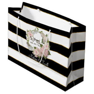 Grand Sac Cadeau Hydrangées de Rose rayé noir et blanc personnalisé