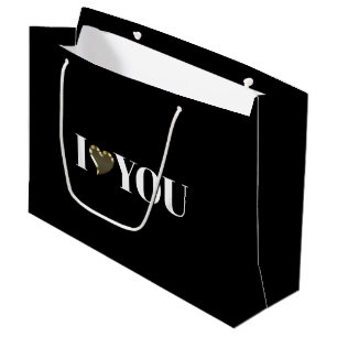 Grand Sac Cadeau I Love You, coeur noir blanc or moderne