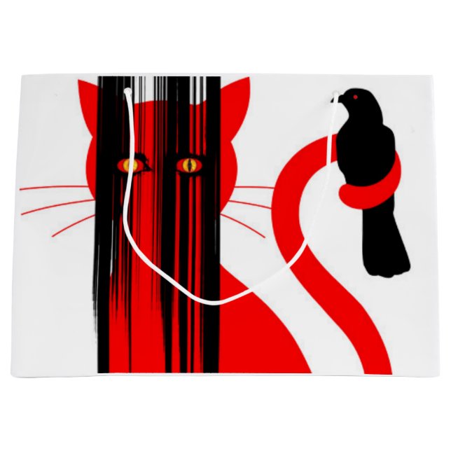 Grand Sac Cadeau Illustration de chat rouge et d'oiseau noir (Devant)