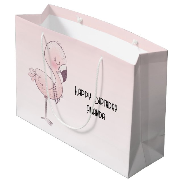 Grand Sac Cadeau Illustration de Flamant rose rose mou Anniversaire (Dos Angle)