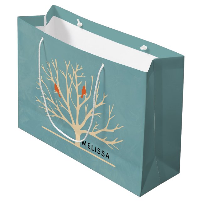 Grand Sac Cadeau Illustration d'Oiseaux oranges modernes dans un gr (Devant Angle)