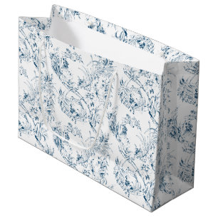 Grand Sac Cadeau Imaginaire Floral vintage gravé bleu toile