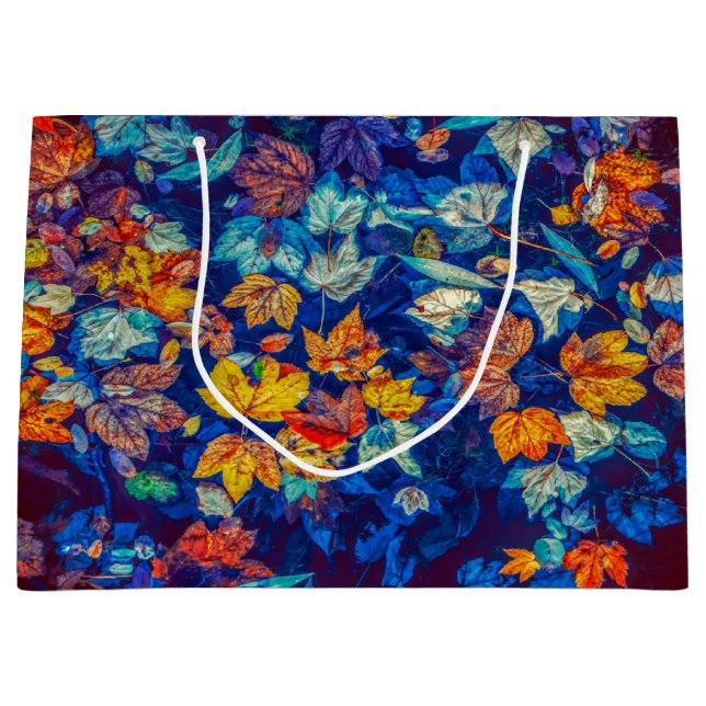 Grand Sac Cadeau Indigo automne feuilles tourbillonnantes motif (Devant)