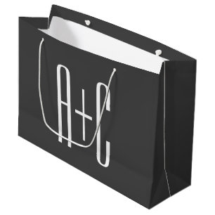 Grand Sac Cadeau Initiales de couple modernes   Gris et blanc