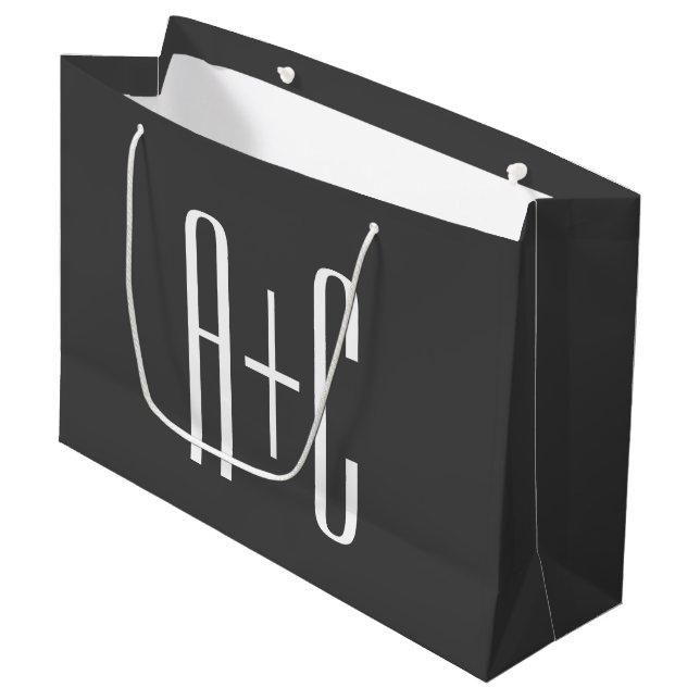 Grand Sac Cadeau Initiales de couple modernes | Gris et blanc (Devant Angle)