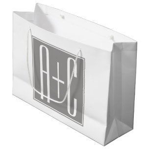 Grand Sac Cadeau Initiales de couple modifiables   Blanc et gris