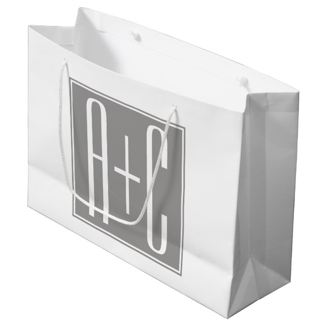Grand Sac Cadeau Initiales de couple modifiables | Blanc et gris (Devant Angle)