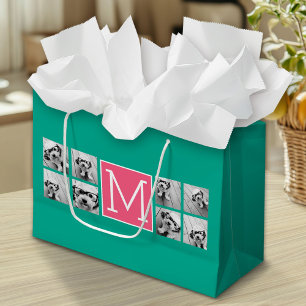 Grand Sac Cadeau Instagram Teal & Rose Chaud Monogramme Collage de 
