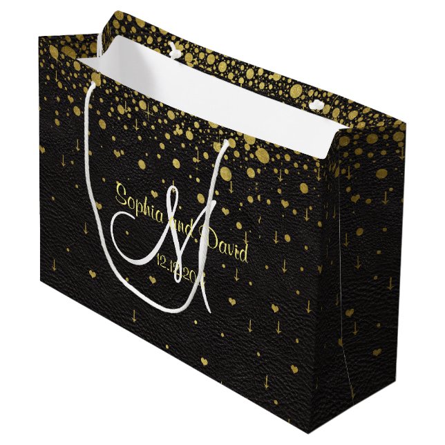 Grand Sac Cadeau Invitations pour mariages | Monogramme Gold Confet (Devant Angle)