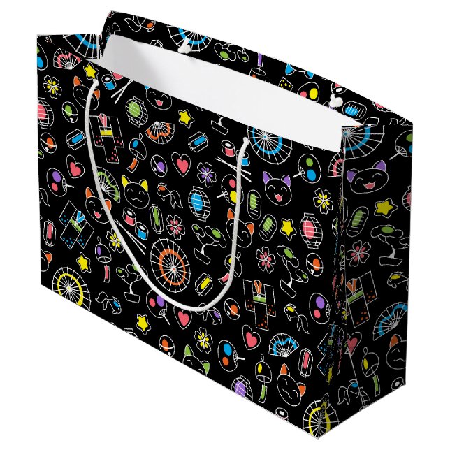 Grand Sac Cadeau Japonais Kawaii Doodles de culture sur le noir (Dos Angle)