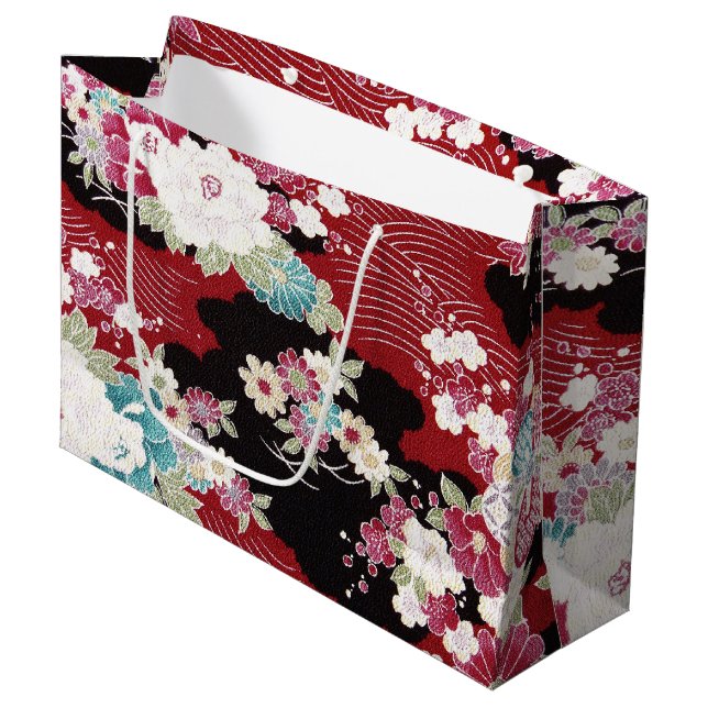 Grand Sac Cadeau Japonais KIMONO Textile, motif floral (Devant Angle)
