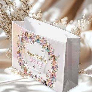 Grand Sac Cadeau Jardin de fées de fleurs fantaisiste d'anniversair
