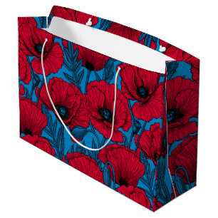 Grand Sac Cadeau Jardin de pavot rouge sur bleu