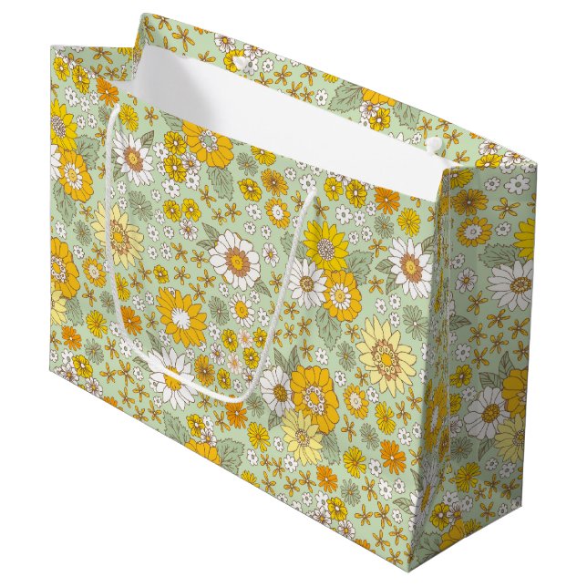 Grand Sac Cadeau Jardin Floral Jaune Motif (Devant Angle)