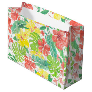 Grand Sac Cadeau Jardin tropical, plumeria hibiscus et feuilles de 