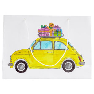 Grand Sac Cadeau Jaune Fiat 500 cadeaux de Noël Aquarelle