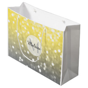 Grand Sac Cadeau Jaune gris brillant livre abstrait Monogramme