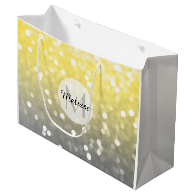 Grand Sac Cadeau Jaune gris brillant livre abstrait Monogramme (Devant Angle)