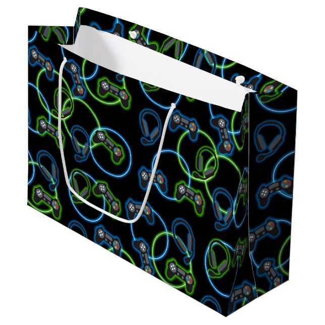 Grand Sac Cadeau Jeu vidéo Neon Blue & Green Motif (Devant Angle)