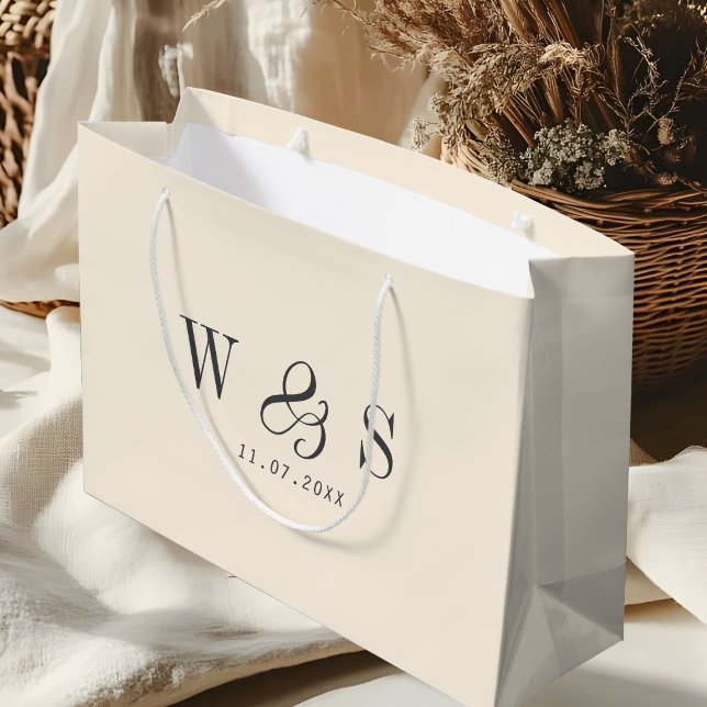 Grand Sac Cadeau Jeunes mariés élégants crème naturelle initiale (Créateur téléchargé)