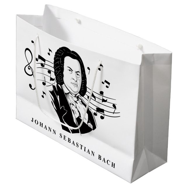 Grand Sac Cadeau Johann Sebastian Bach Portrait et buste avec notes (Devant Angle)