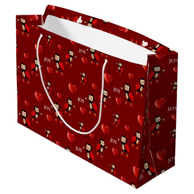 Grand Sac Cadeau Joie Ladybugs, Coeurs et Joy Texte en rouge (Dos Angle)
