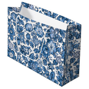 Grand Sac Cadeau Joli Boho bleu et blanc floral