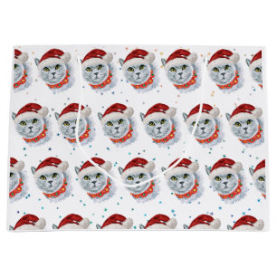 Grand Sac Cadeau Joli chat argenté avec chapeau de Père Noël Noël