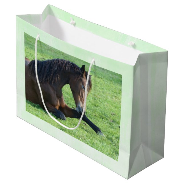 Grand Sac Cadeau Joli Cheval Brown allongé dans l'herbe (Devant Angle)