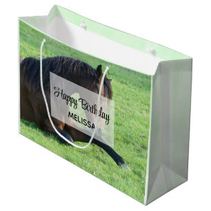 Grand Sac Cadeau Joli Cheval Brown allongé dans l'herbe Anniversair