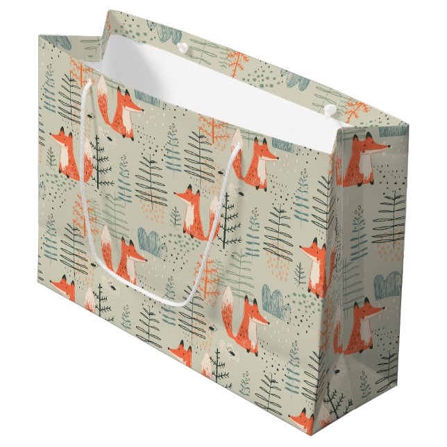 Grand Sac Cadeau Joli Doodle Fox Forest Motif de bois (Devant Angle)