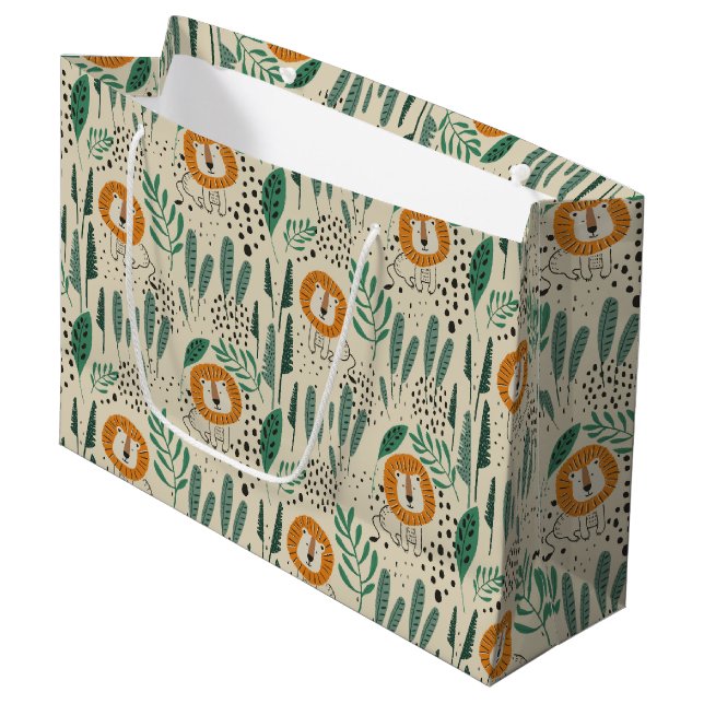 Grand Sac Cadeau Joli Doodle Lion Jungle Rainforest Motif (Devant Angle)