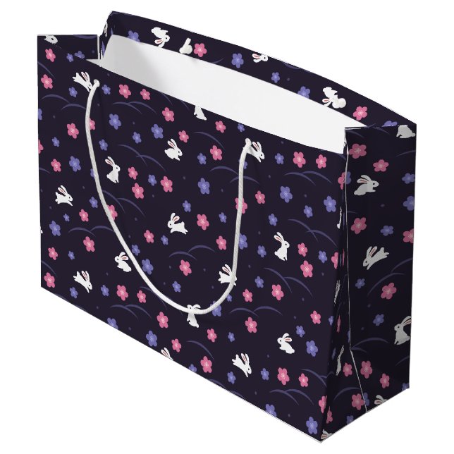 Grand Sac Cadeau Joli lapin blanc lapin et Motif de fleurs (Dos Angle)