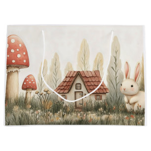 Grand Sac Cadeau Joli Lapin, Cottage, Champignons Fairy Tale Art