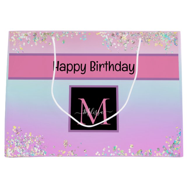 Grand Sac Cadeau Joli Monogramme Holographique Pastel Parties scint (Devant)