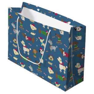 Grand Sac Cadeau Joli Motif de Noël sur Blue
