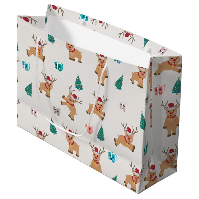 Grand Sac Cadeau Joli Motif de rennes de Noël (Devant Angle)