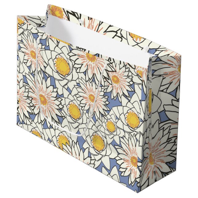 Grand Sac Cadeau Joli motif rétro de fleurs pour anniversaire en bl (Devant Angle)