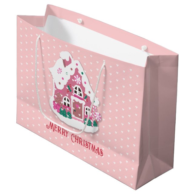 Grand Sac Cadeau Joli Noël Rose Snowy Gingerbread Maison (Devant Angle)