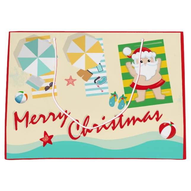 Grand Sac Cadeau Joli Père Noël sur la plage Joyeux Noël (Devant)