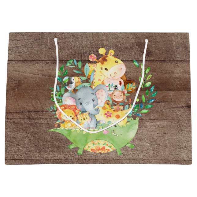 Grand Sac Cadeau Joli Safari Jungle Animaux Baby shower Cadeau (Devant)