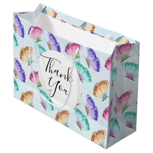 Grand Sac Cadeau Jolie aquarelle Motif papillon Merci (Devant Angle)