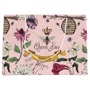 Grand Sac Cadeau Jolie Bee Reine Rose, Noir et Or, Couronne Royale