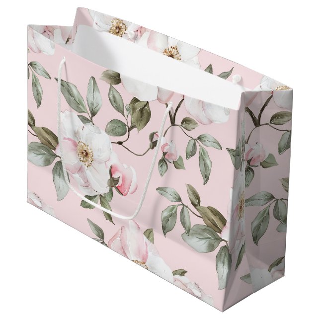 Grand Sac Cadeau Jolie Fête des mariées rose Fleurs blanches (Devant Angle)